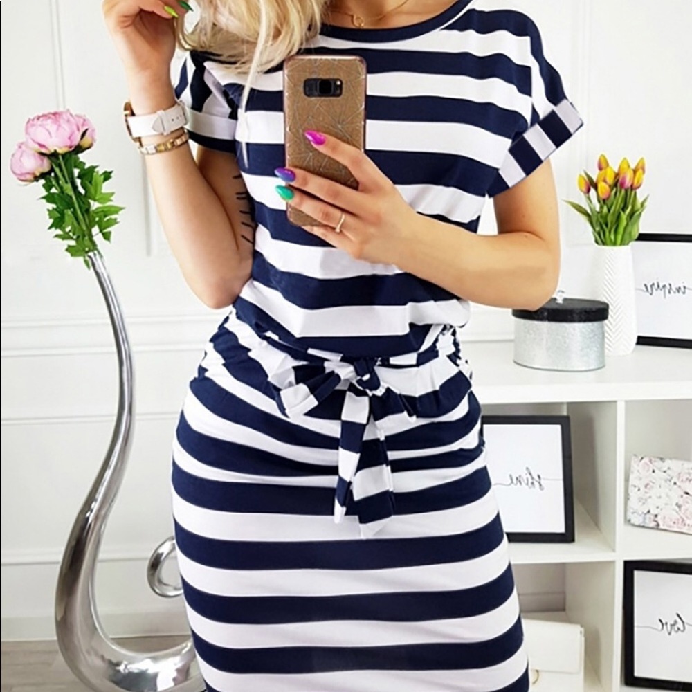 Navy stripes pocketed -shirt Dress